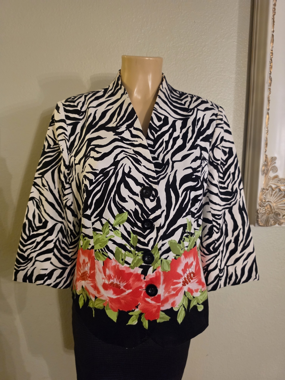 Silk Land Collection Womens XL Zebra Print Beaded Floral Border Jacket Blazer